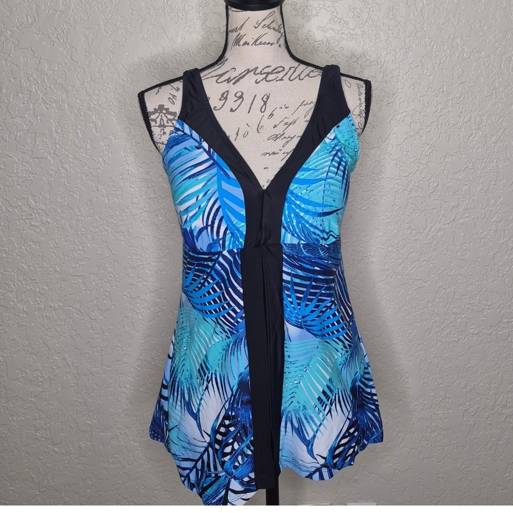 Ceeb Womens Tropical Palm Leaf Tankini Swim Top Blue Turquoise